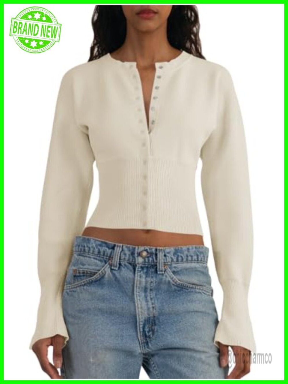 Women's Cropped V-Neck Button Down Cardigan Sweater Long Sleeve Ribbed Knit